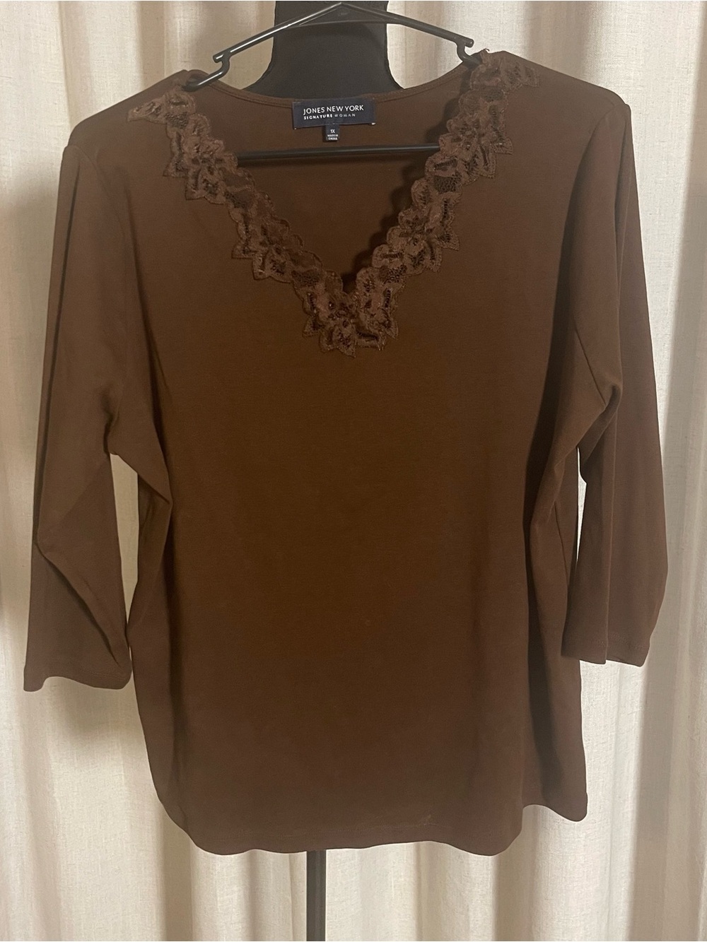 Jones New York Brown Lace-Trim Long Sleeve V-Neck Top